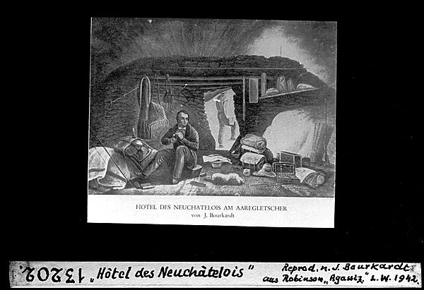 Agassiz's hut under a boulder on the Unteraar glacier